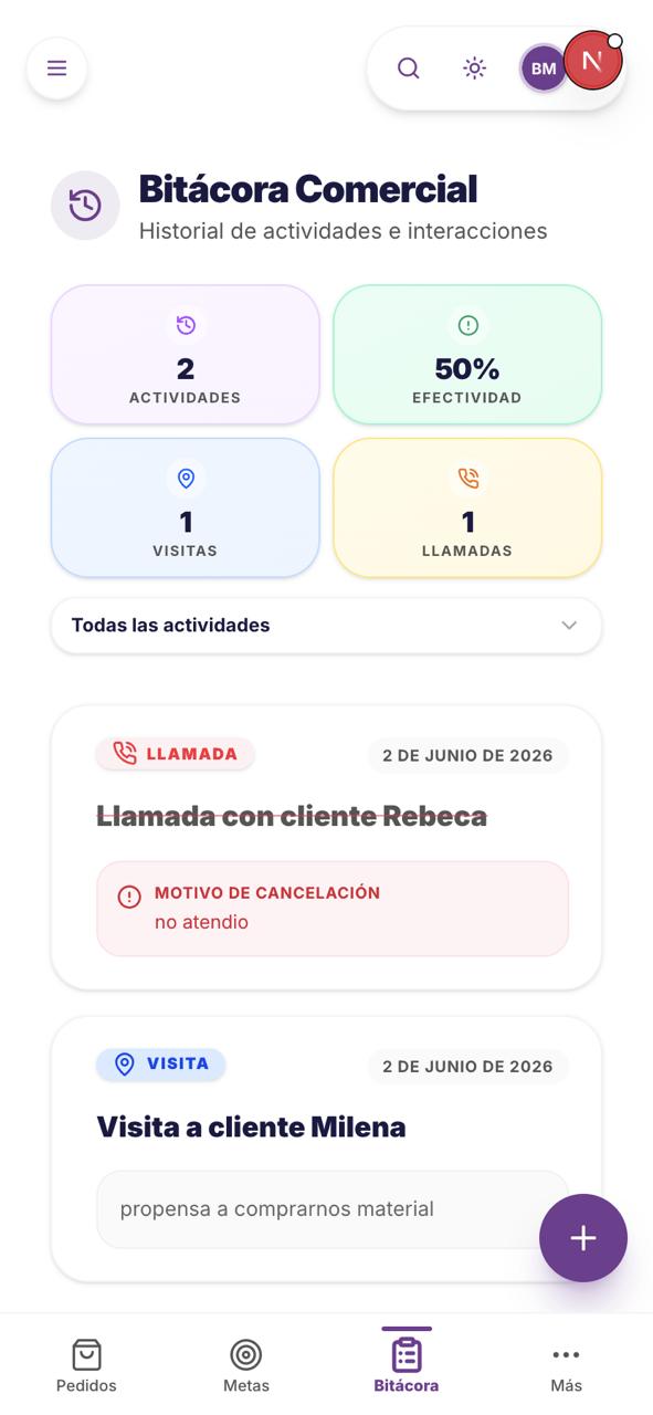 Bitácora comercial con visitas y llamadas