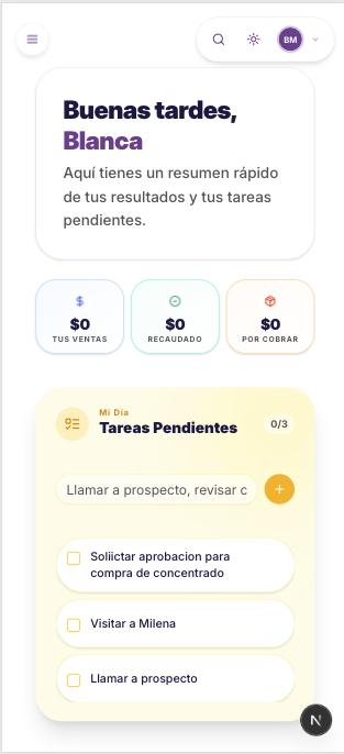 Pantalla de inicio con resumen y tareas pendientes